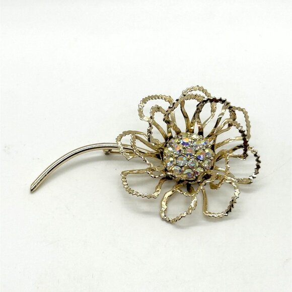 Vintage Aurora Borealis Brooch Rhinestone Sarah Coventry Gold-Tone Flower 1960s - Picture 3 of 12